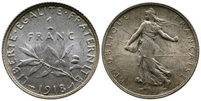 Франция 1 франк 1918 сеятель KM 844.1, Le Franc 217.24 серебро UNC 259-717