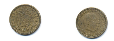 ИСПАНИЯ 1 ПЕСЕТА 1963 (66) ФРАНСИСКО ФРАНКО ДИКТАТОР ИСПАНИИ (1939-1975) KM 775 алюминиевая бронза 54-412