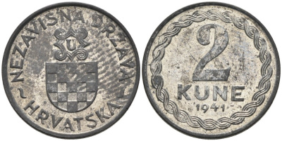 Хорватия 2 куны 1941 королевство KM 2 цинк aUNC 177-1465