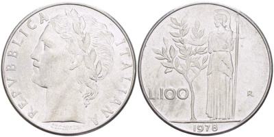 ИТАЛИЯ 100 ЛИР 1978 R, АФИНА, ДИАМЕТР 28 ММ. KM 96.1 нержавеющая сталь 4389-541