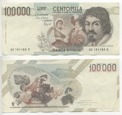 Италия 100000 лир 1983 Караваджо, фруктовый букет, подпись Stevani Pick 110а бумага 7220-7-2
