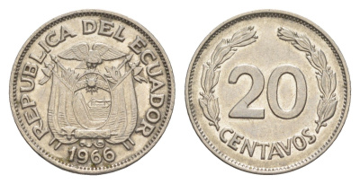 Эквадор 20 сентаво 1966 KM 77.1c сталь плакированная никелем 4643-1219