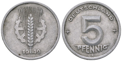 ГДР 5 пфеннигов 1949 A KM 2 алюмний 188-422
