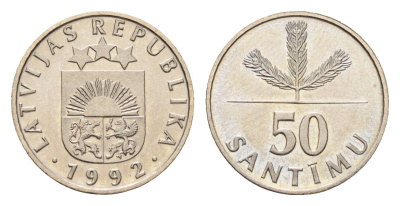 Латвия 50 сантимов 1992 KM 13 медно-никель UNC 4679-317