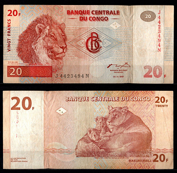 ДР Конго 20 франков 1997 Pick 88 бумага 8602-26-1-2