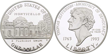 США 1 доллар 1993 S, 250 лет со дня рождения Томаса Джефферсона KM 249 серебро PROOF 1078-9-31