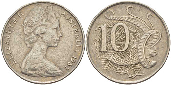Австралия 10 центов 1982 Елизавета II (1952-2022), птица лирахвост KM 65 медно-никель 4622-325