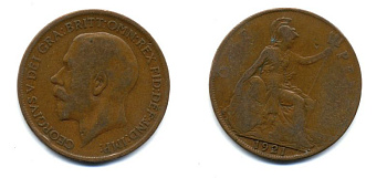 Великобритания 1 пенни 1921 Георг V (1910-1936) KM 810, Spink 4051 бронза 47-621