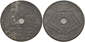 Бельгия 25 сантимов 1944 Король Леопольд III (1934 - 1947) KM 132 цинк 190-936