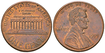 США 1 цент 1999 Авраам Линкольн  KM 201b цинк плакированная медью 220-1169