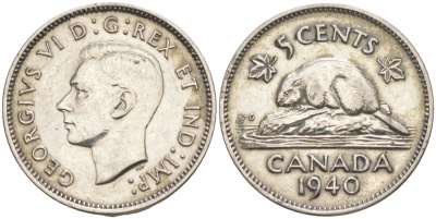 Канада 5 центов 1940 бобр, Георг VI (1937-1952) KM 33 никель 73-1155