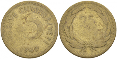 ТУРЦИЯ 25 КУРУШ 1949 KM 886 латунь 4529-1215