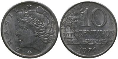 Бразилия 10 сентаво 1976 KM 578.1a, Schon 83b нержавеющая сталь 4577-1244