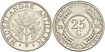 Нидерландские Антилы 25 центов 1991 Беатрикс (1980-2013) KM 35 сталь плакированная никелем 4364-1817