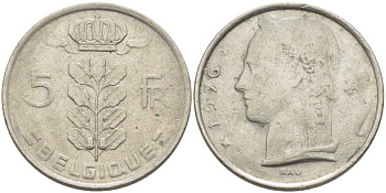 БЕЛЬГИЯ 5 ФРАНКОВ 1976 BELGIQUE, БОДУЭН I (1951-1993) KM 134.1 медно-никель 119-741