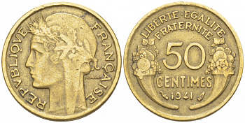 Франция 50 сантимов 1941 тип Морлон KM 894.1, Le Franc 192.18 алюминиевая бронза 3309-1036
