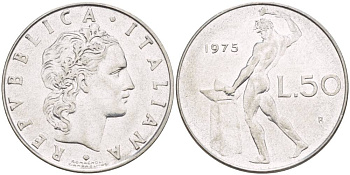 Италия 50 лир 1975 R, бог огня Вулкан у наковальни KM 95.1 нержавеющая сталь 4525-257