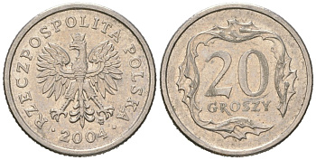 Польша 20 грошей 2004 MW KM 280, Parchimowicz 705l медно-никель UNC 4516-1113