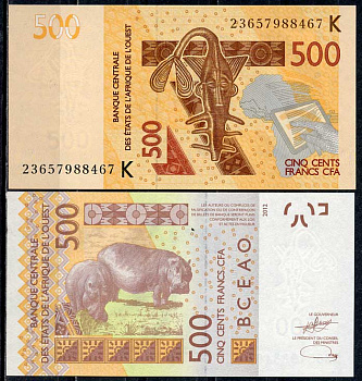 Валютный Союз Стран Западной Африки, Сенегал 500 франков 2012 бегемоты Pick 719K  бумага  UNC (пресс) 448-179-1
