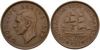 ЮАР 1/2 пенни 1951 Георг VI (1937-1952) KM 33.2 бронза 181-1025