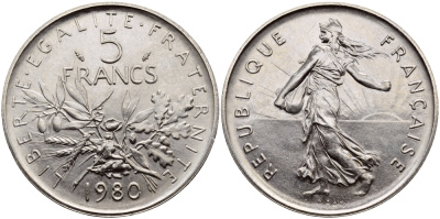 Франция 5 франков 1980 сеятель, тираж 60000 экземпляров KM 926a.1, LE FRANC 341.12 медно-никель плакированный никелем  UNC  1530-1411