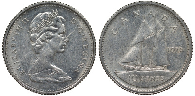 Канада 10 центов 1975 Елизавета II (1952-2022), парусник KM 77.1 никель 4124-515