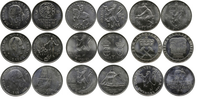 НОРВЕГИЯ ЛОТ ИЗ 9 ЮБИЛЕЙНЫХ МОНЕТ ПО 5 КРОН 1975-1997 KM 421, 422, 423, 428, 430, 456, 458, 459, 461 медно-никель UNC M47-01