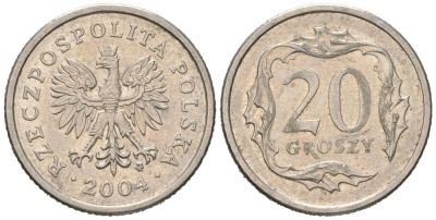 Польша 20 грошей 2004 MW KM 280, Parchimowicz 705l медно-никель UNC 4516-1113