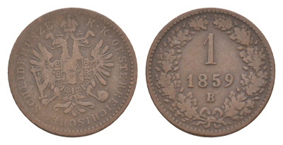 Австрия 1 крейцер 1859 B, Франц Иосиф I (1848-1916) KM 2186 медь 4639-168