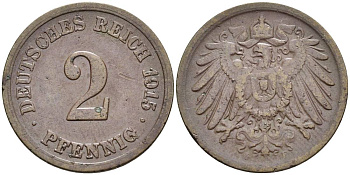 ГЕРМАНИЯ 2 ПФЕННИГА 1915 F KM 16, Jager 11, Weege 4 медь 4546-743
