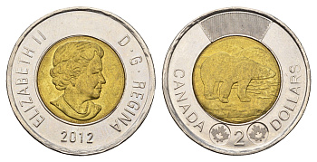 Канада 2 доллара 2012 Leaf, Елизавета II (1952-2022), полярный медведь KM 1257 биметалл UNC 4678-1246