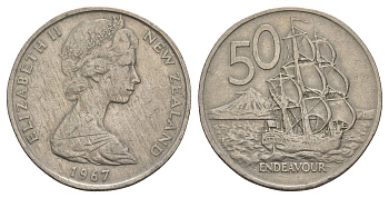Новая Зеландия 50 центов 1967 Елизавета II (1952-2022), парусник Индевор KM 37.1 медно-никель 4653-1026