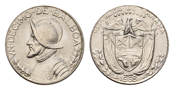 Панама 1/10 бальбоа (10 сентесимо) 1968 KM 10 медь плакированная медно-никелем UNC 4674-961