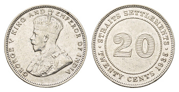 Стрейтс-Сетлментс (Стрейтс Сетлментс) 20 центов 1935 Георг V (1910-1936) KM 30b серебро 4671-1226