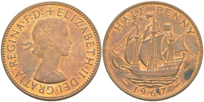 Великобритания 1/2 пенни 1967 Елизавета II (1952-2022) KM 896, Spink 4158 бронза 4544-153