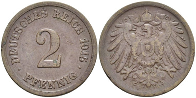 ГЕРМАНИЯ 2 ПФЕННИГА 1915 F KM 16, Jager 11, Weege 4 медь 4546-743