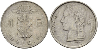 Бельгия 1 франк 1975 Belgie, Бодуэн I (1951-1993) KM 143.1 медно-никель 4546-424