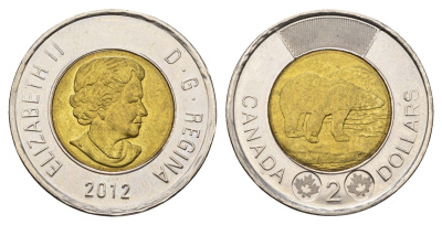 Канада 2 доллара 2012 Leaf, Елизавета II (1952-2022), полярный медведь KM 1257 биметалл UNC 4678-1246