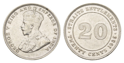 Стрейтс-Сетлментс (Стрейтс Сетлментс) 20 центов 1935 Георг V (1910-1936) KM 30b серебро 4671-1226
