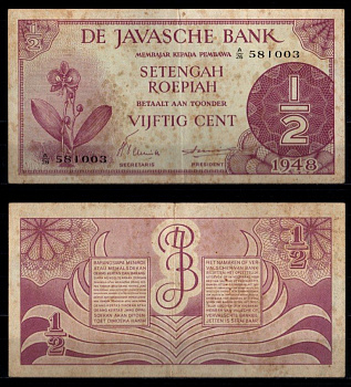 Нидерландская Индия 1/2 рупии (50 центов) 1948 Pick 97 бумага 6266-3-3-1
