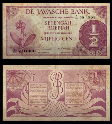 Нидерландская Индия 1/2 рупии (50 центов) 1948 Pick 97 бумага 6266-3-3-1
