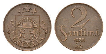 Латвия 2 сантима 1932 KM 2 бронза 4689-932