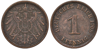 ГЕРМАНИЯ 1 ПФЕННИГ 1908 A KM 10, J 10 медь 45-418