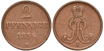 Брауншвейг-Каленберг-Ганновер 2 пфеннига 1856 B, Георг V (1851-1866) KM 217,  AKS 152, J. 84 медь 413-5324