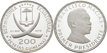 Экваториальная Гвинея 200 песет 1970 Первый президент Франсиско Масиас Нгема (1924-1979) KM 19 серебро PROOF 01-021-12-2