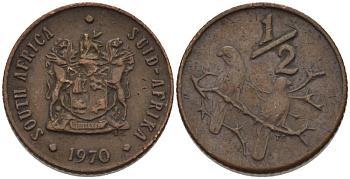 ЮАР 1/2 цента 1970 два капских воробья на ветке KM 81 бронза 66-313