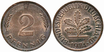 ФРГ 2 ПФЕННИГА 1974 D KM 106а, J. 381а сталь плакированная сталь плакированная медьюю 112-142