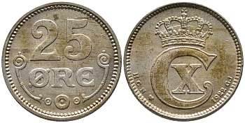 ДАНИЯ 25 ЭРЕ 1922 HCN; GJ, КРИСТИАН X (1912-1947) KM 815.2а медно-никель 100-736