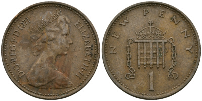 Великобритания 1 пенни 1971 Елизавета II (1952-2022) KM 915, Spink 4237 (B1) бронза 4396-1111