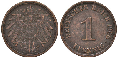 ГЕРМАНИЯ 1 ПФЕННИГ 1908 A KM 10, J 10 медь 45-418